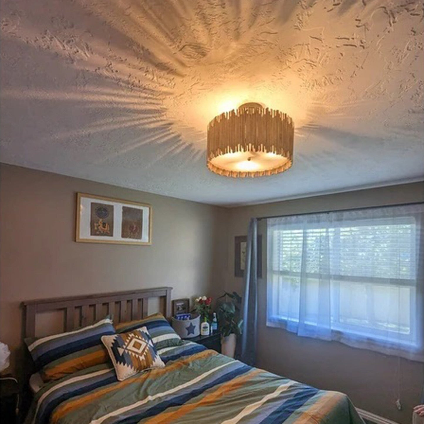 Distressed White 3-Light Wood Drum Semi-Flush Mount Ceiling Light