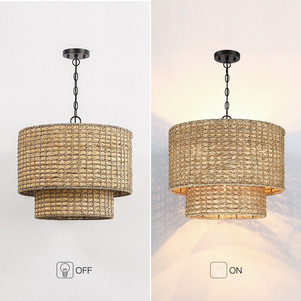 4-Light Natural Rattan Traditional Drum Pendant Light Black Canopy - Black/earthy - 20 in. W