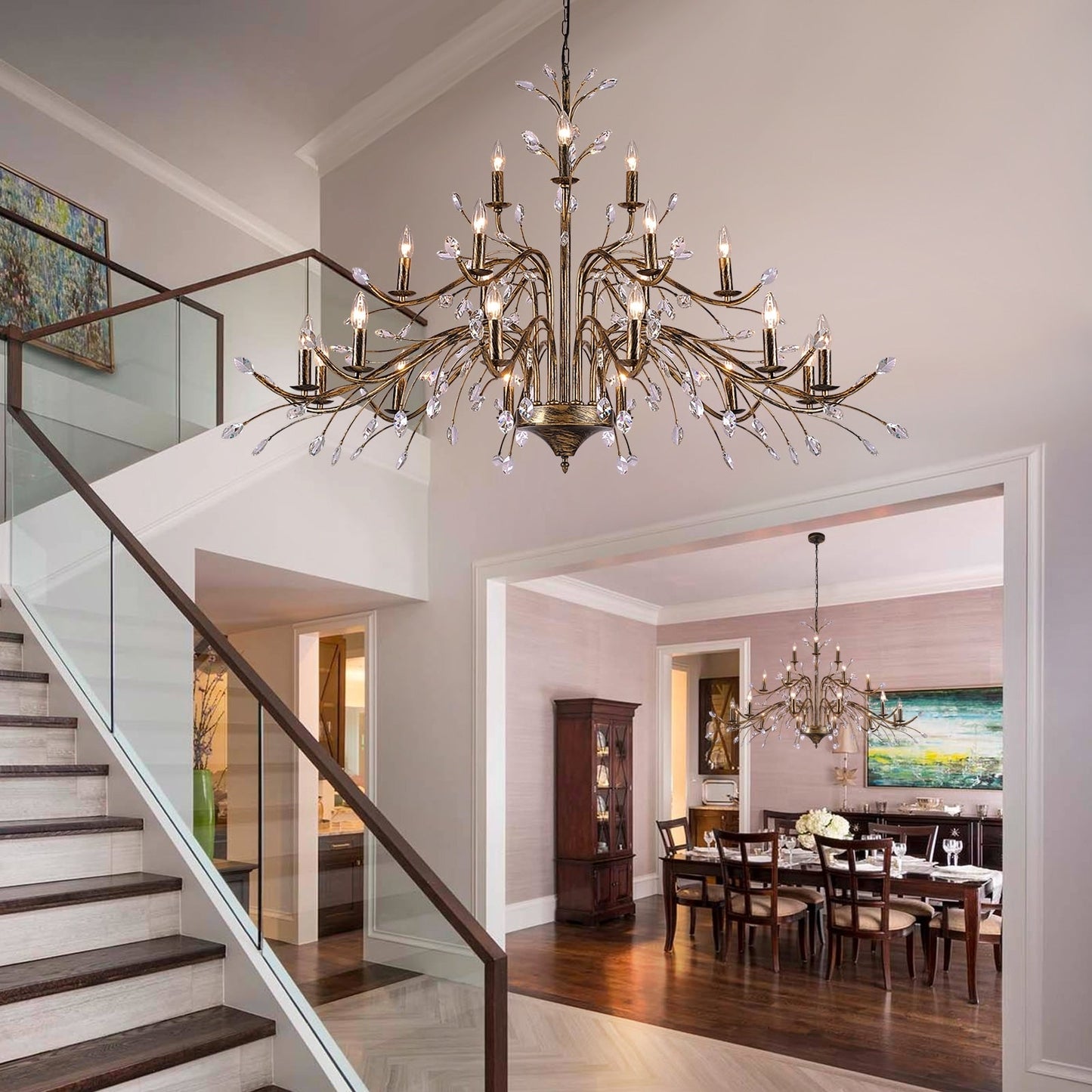 Farmhouse Retro Tree Branch Crystal Chandelier Candle-Style Pendant Light