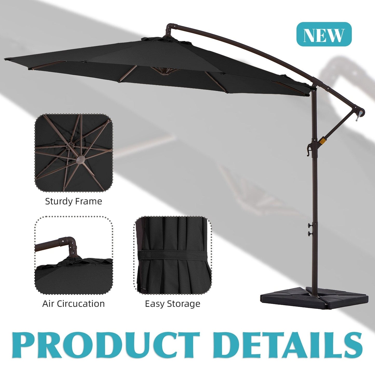 10 ft Steel Crank-lift Cantilever Umbrella With Weighted Base