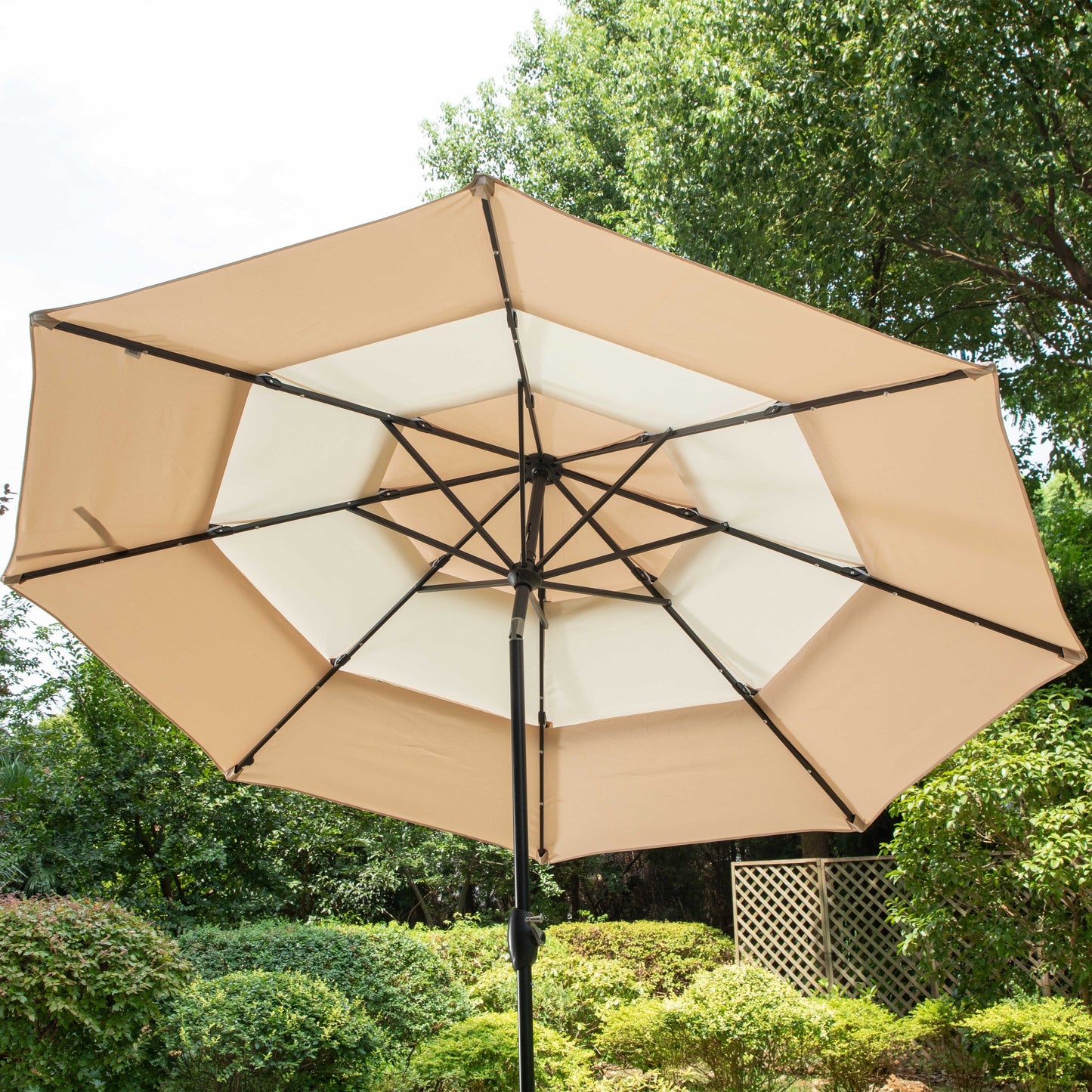MAISON ARTS 10ft 3 Tier Auto-tilt Patio Umbrella Outdoor Double Vented Umbrella with LED Lights