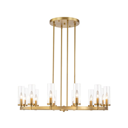 12-Light Mid-Century Modern Cylinder Clear Glass Wagon Wheel Chandelier Gold/Black Large Chandelier