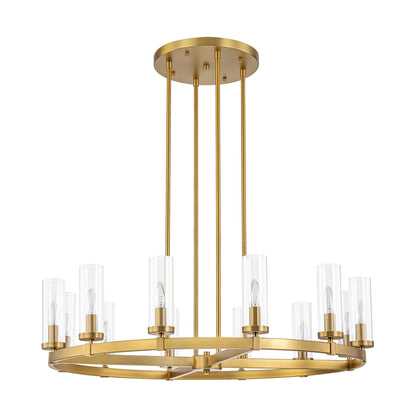 12-Light Mid-Century Modern Cylinder Clear Glass Wagon Wheel Chandelier Gold/Black Large Chandelier