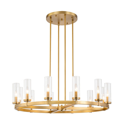 12-Light Mid-Century Modern Cylinder Clear Glass Wagon Wheel Chandelier Gold/Black Large Chandelier