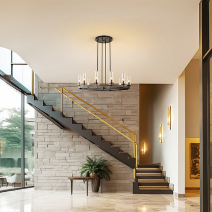 12-Light Mid-Century Modern Cylinder Clear Glass Wagon Wheel Chandelier Gold/Black Large Chandelier