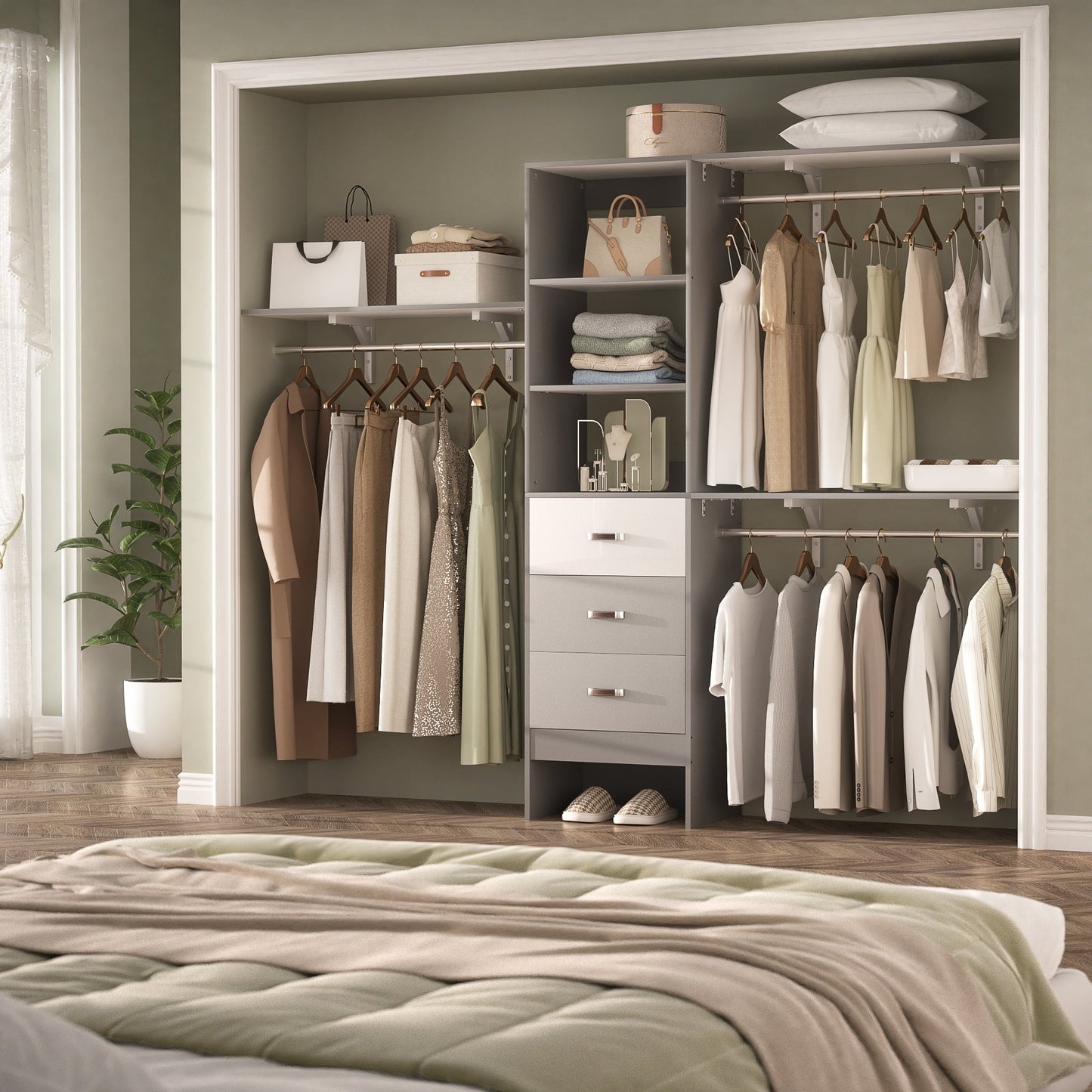 Rackcog 120'' Adjustable Closet Organizer with Drawers, Closet System with DIY Shelves for Reach-in and Walk-in Closet