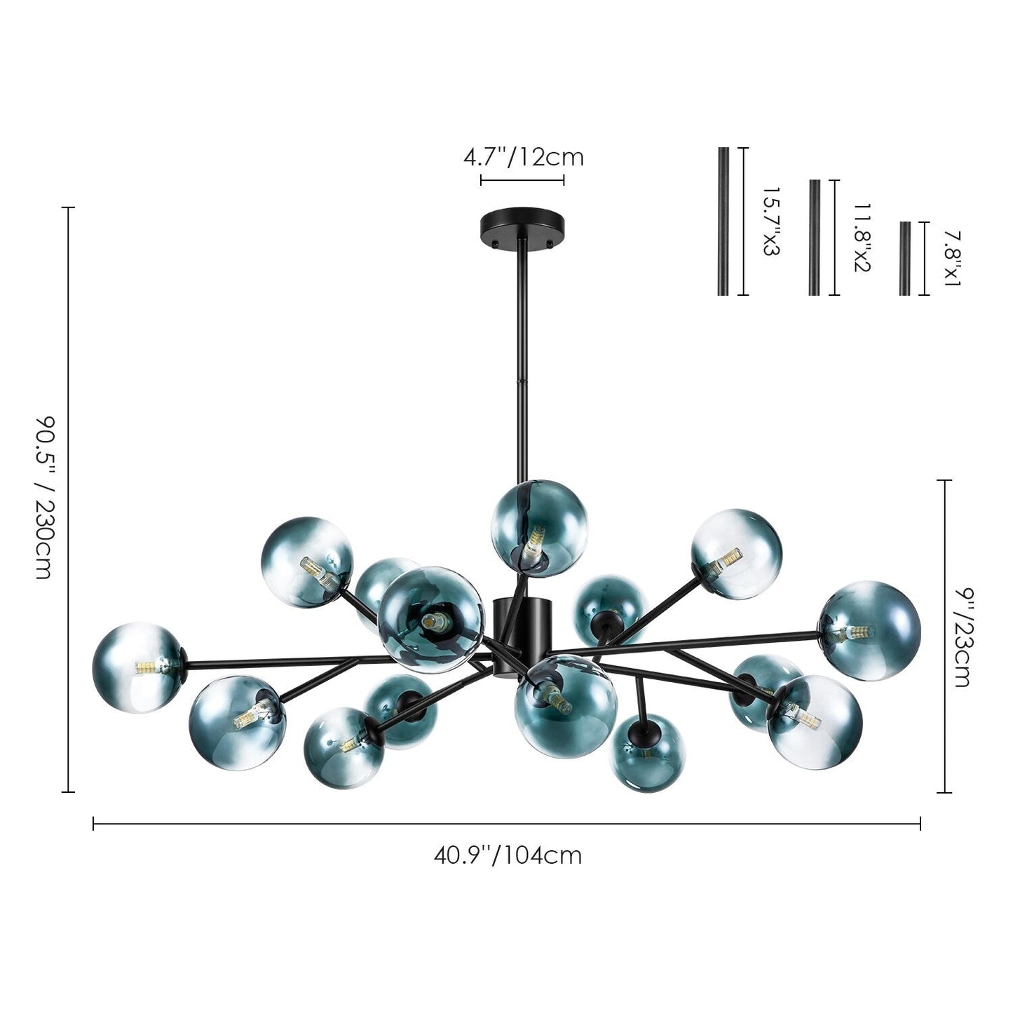 15-Light Modern Linear Sputnik Kitchen Island Light Branch Cluster Glass Globe Bubble Chandelier