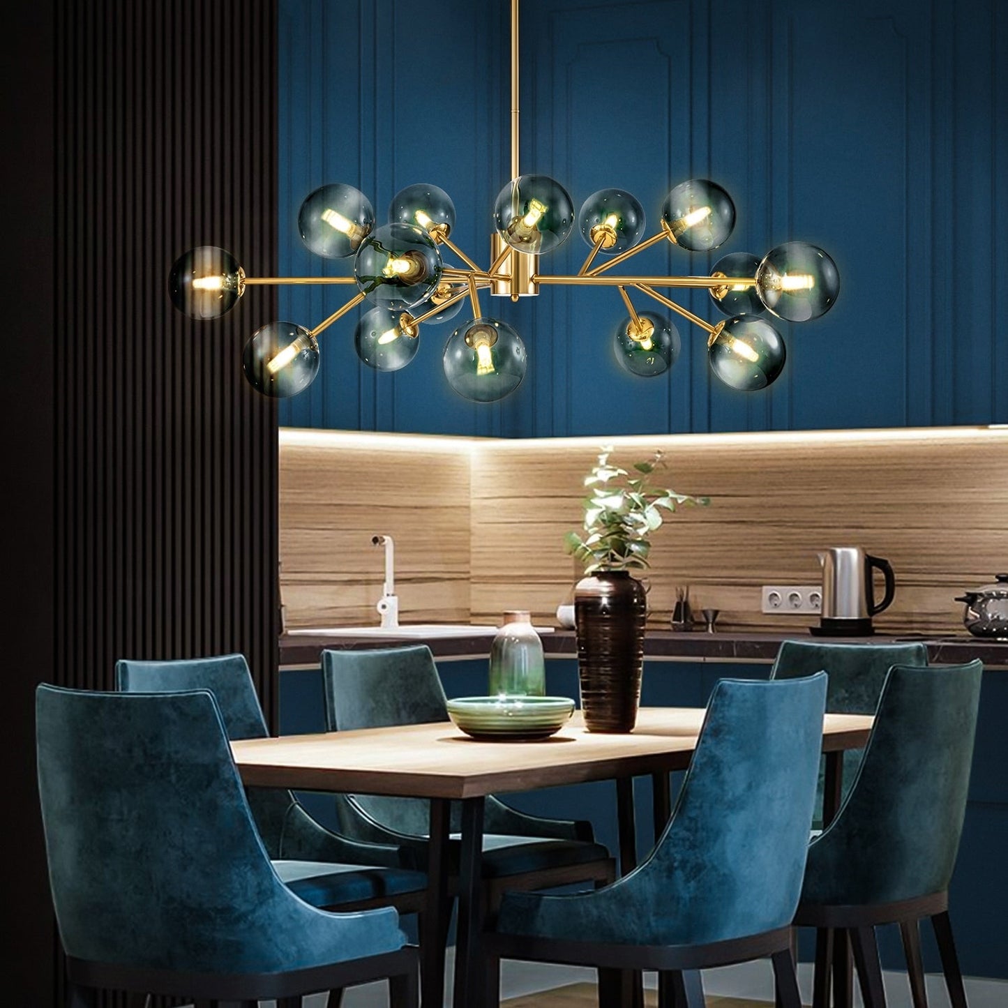 15-Light Modern Linear Sputnik Kitchen Island Light Branch Cluster Glass Globe Bubble Chandelier