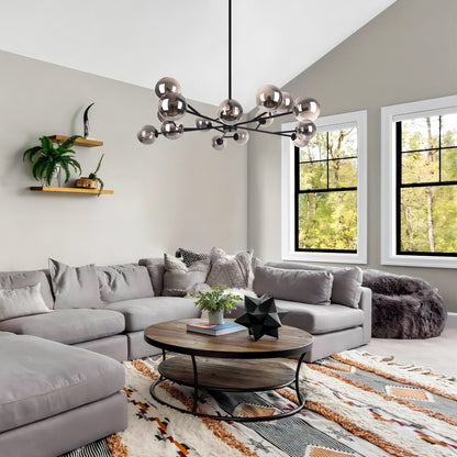 15-Light Modern Linear Sputnik Kitchen Island Light Branch Cluster Glass Globe Bubble Chandelier