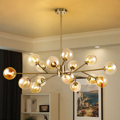 15-Light Modern Linear Sputnik Kitchen Island Light Branch Cluster Glass Globe Bubble Chandelier
