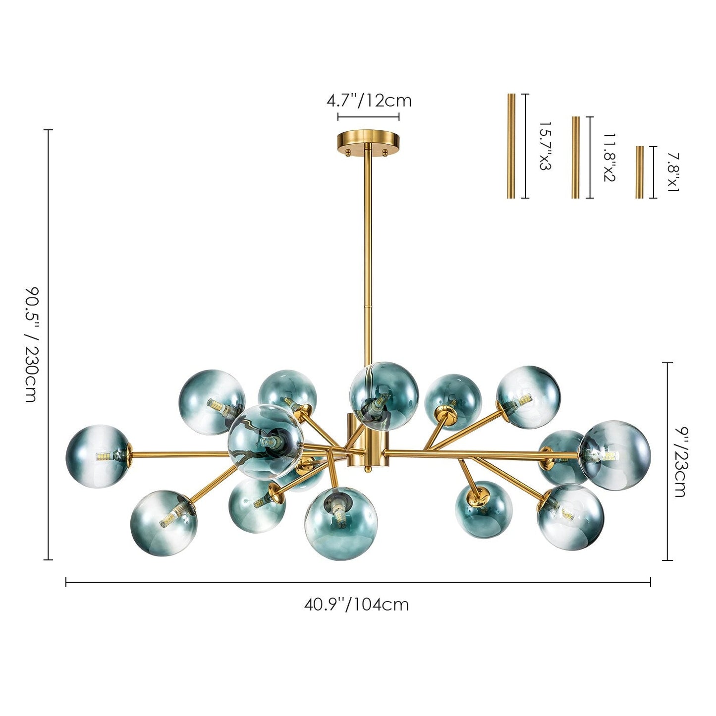15-Light Modern Linear Sputnik Kitchen Island Light Branch Cluster Glass Globe Bubble Chandelier