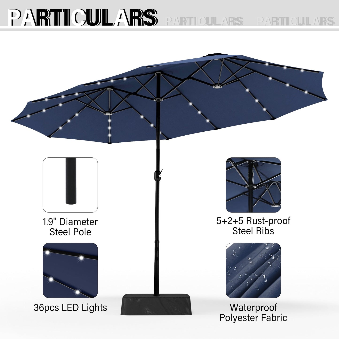 MAISON ARTS 15-foot Rectangular Crank Double-sided Outdoor Market Umbrella Solar LED Lighted Patio Umbrella with Base Included