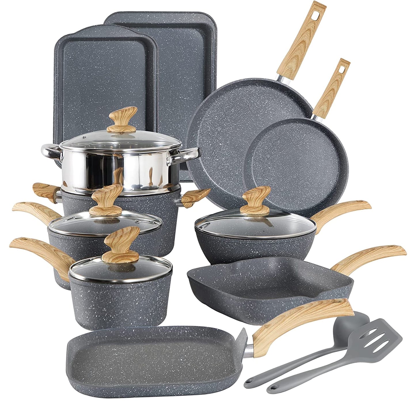 17-Piece Kitchen Granite Cookware Set, Non-stick Cooking Pots and Pans Set