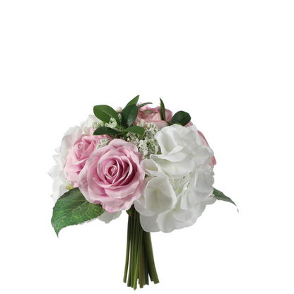Bouquet de roses, hydrangées et gypsophile