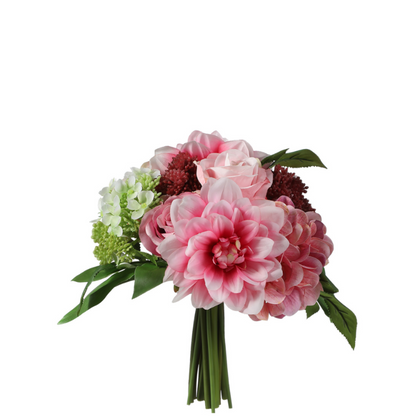 Bouquet de dahlias, roses et hydrangées