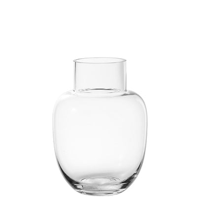Vase transparent, rond, avec un large col.