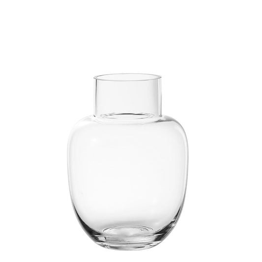 Vase transparent, rond, avec un large col.