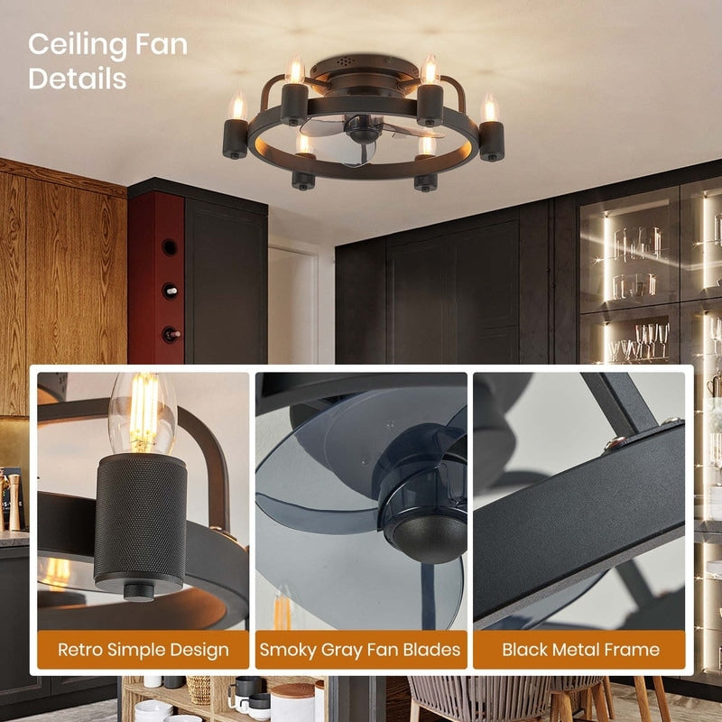 20 in. Modern Farmhouse Ceiling Fan LED Low Profile Flush Mount Ceiling Fan Light with Remote for Living Room
