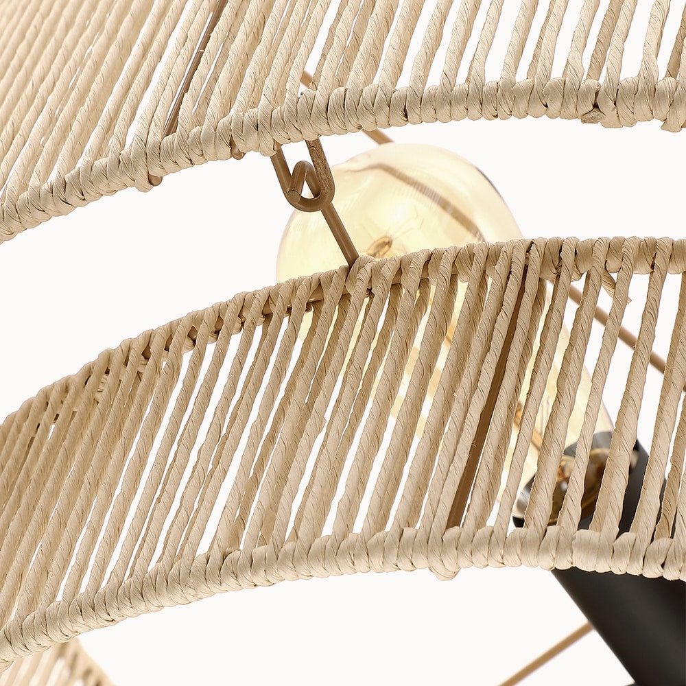 4-Light Rattan Tiered Drum Chandelier Light with Black Canopy - 22'' W