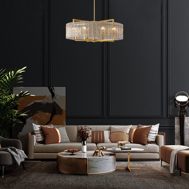 26 in. Gold Modern Drum Crystal Chandelier 6-Light Glam Dimmable Pendant Light Kitchen Island with Frosted Glass for Dining Room