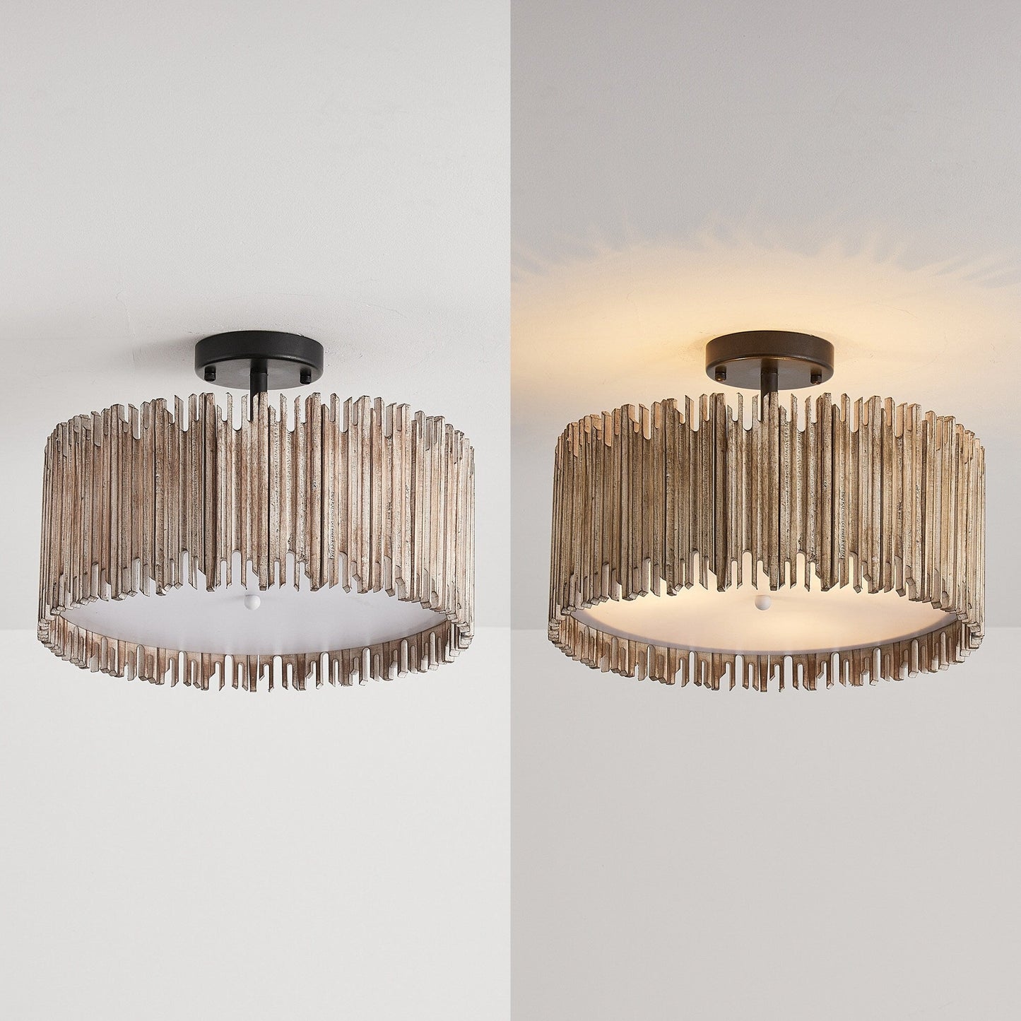 Distressed White 3-Light Wood Drum Semi-Flush Mount Ceiling Light