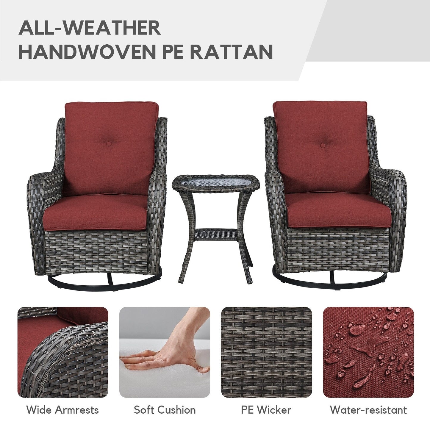 Gymojoy 3 Piece Outdoor Wicker Swivel Rocker with Cushion & Table