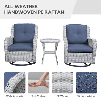 Gymojoy 3 Piece Outdoor Wicker Swivel Rocker with Cushion & Table