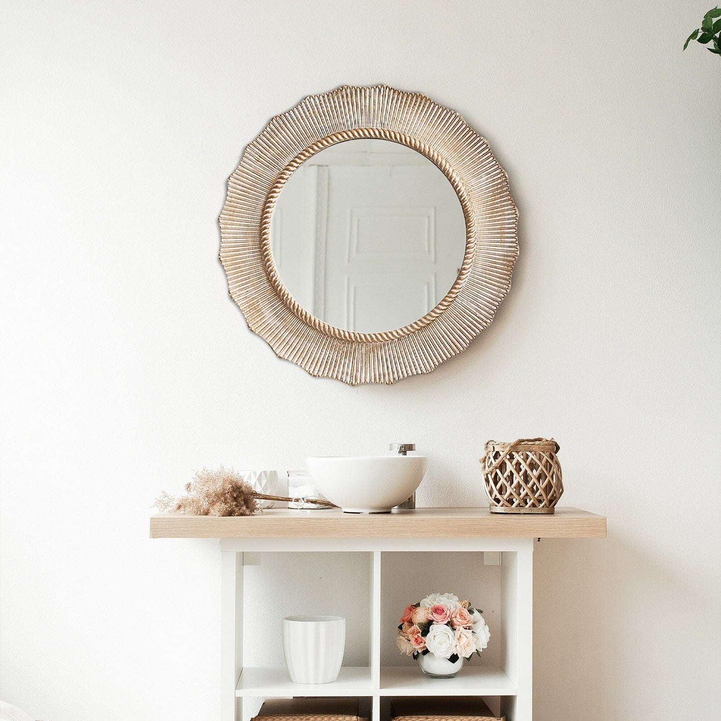 30-in Bohemian Beige Round Wooden Decorative Bathroom Vanity Wall Mirror
