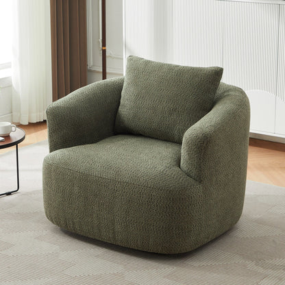 360¡ã Swivel Chair, 38.2 Boucle Accent Chair with Throw Pillow, Upholstered Barrel Sofa Chair with Curved Armrests