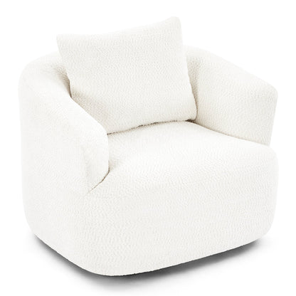 360¡ã Swivel Chair, 38.2 Boucle Accent Chair with Throw Pillow, Upholstered Barrel Sofa Chair with Curved Armrests