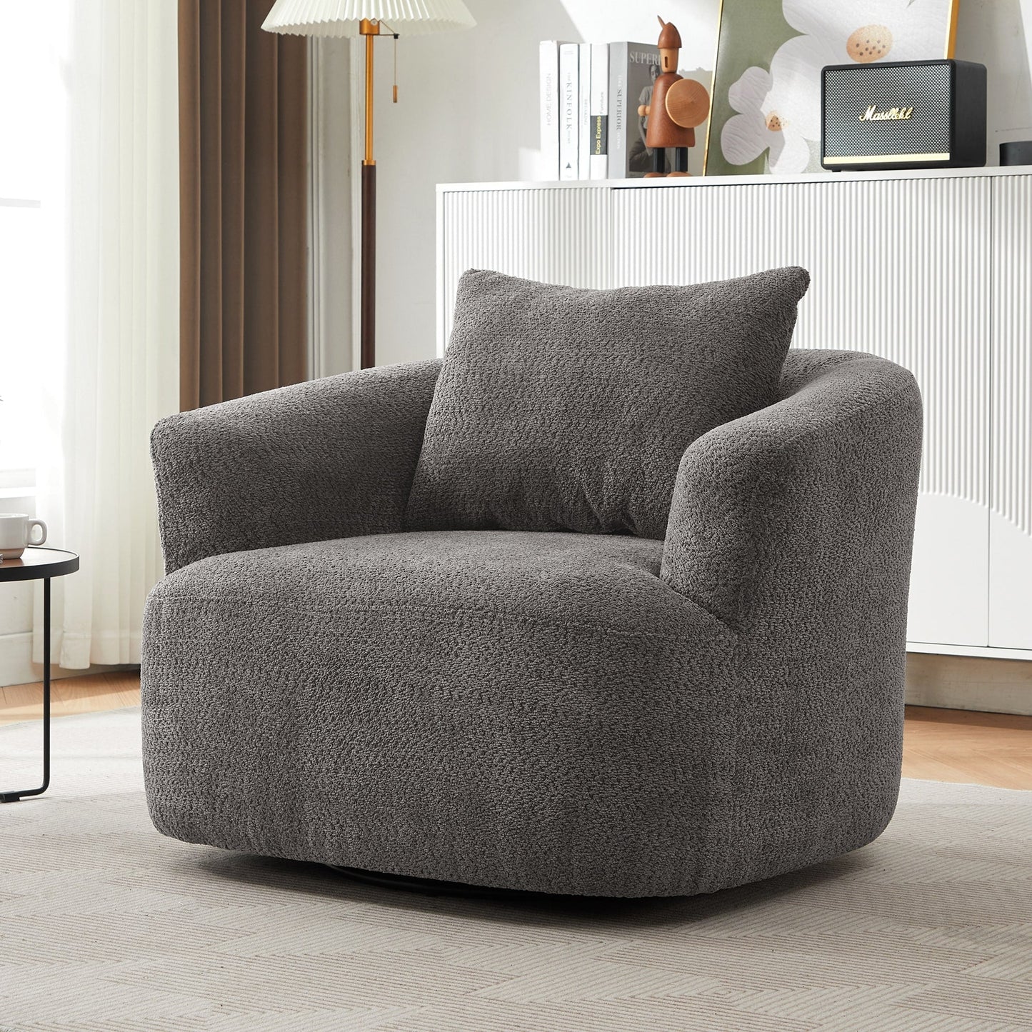 360¡ã Swivel Chair, 38.2 Boucle Accent Chair with Throw Pillow, Upholstered Barrel Sofa Chair with Curved Armrests