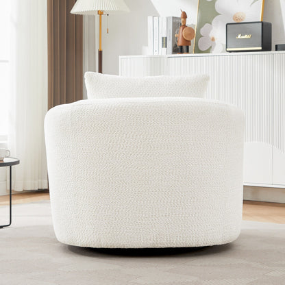 360¡ã Swivel Chair, 38.2 Boucle Accent Chair with Throw Pillow, Upholstered Barrel Sofa Chair with Curved Armrests