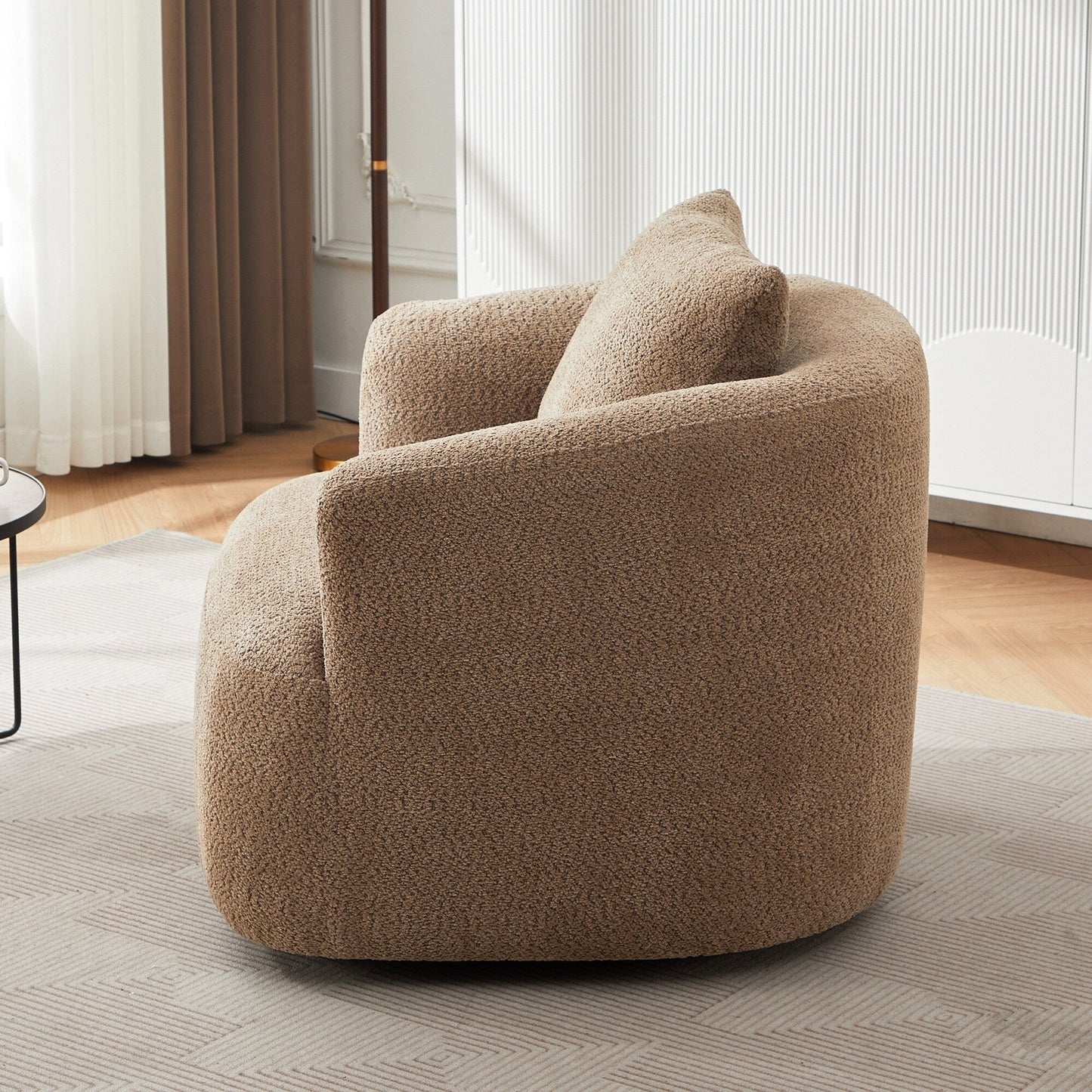 360¡ã Swivel Chair, 38.2 Boucle Accent Chair with Throw Pillow, Upholstered Barrel Sofa Chair with Curved Armrests