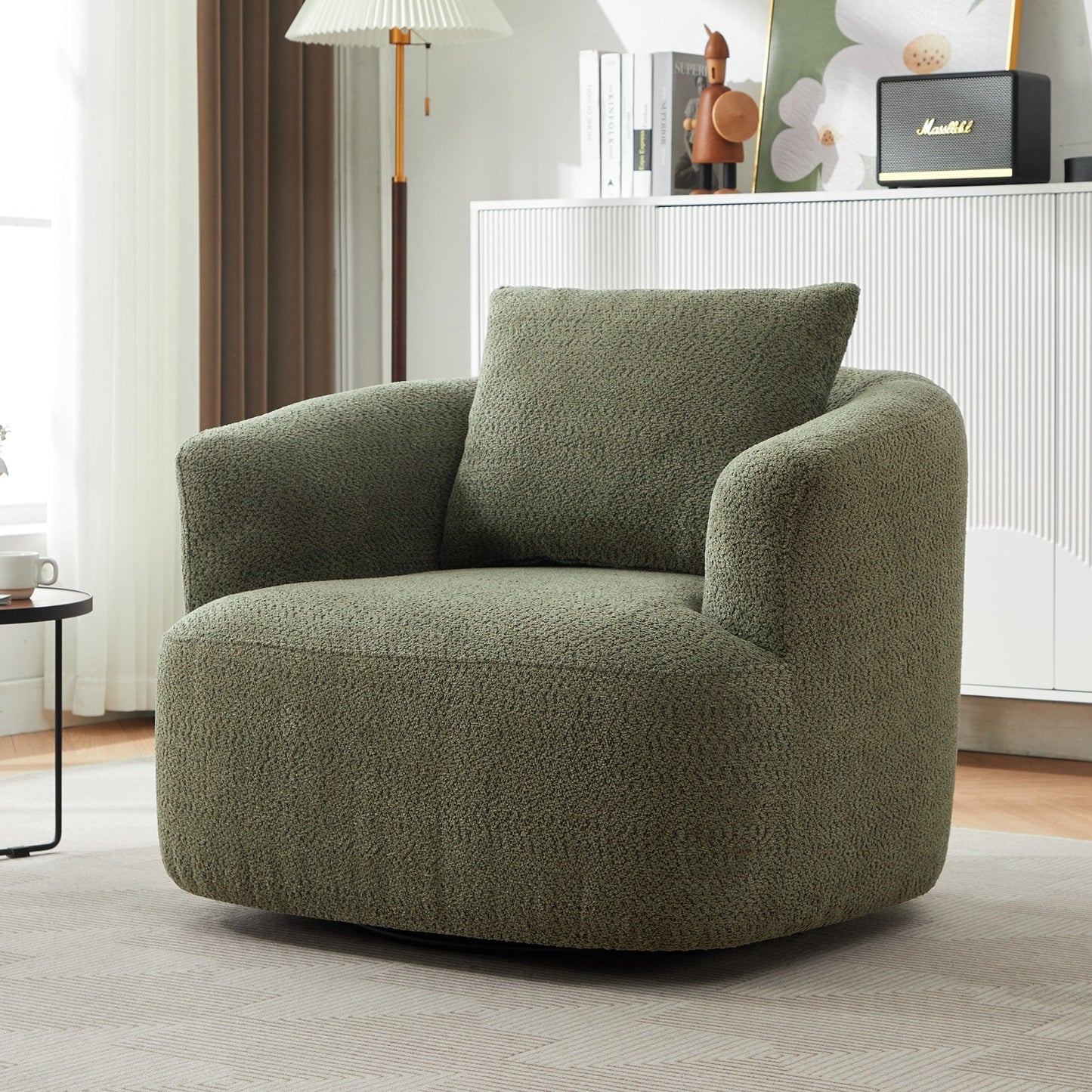 360¡ã Swivel Chair, 38.2 Boucle Accent Chair with Throw Pillow, Upholstered Barrel Sofa Chair with Curved Armrests