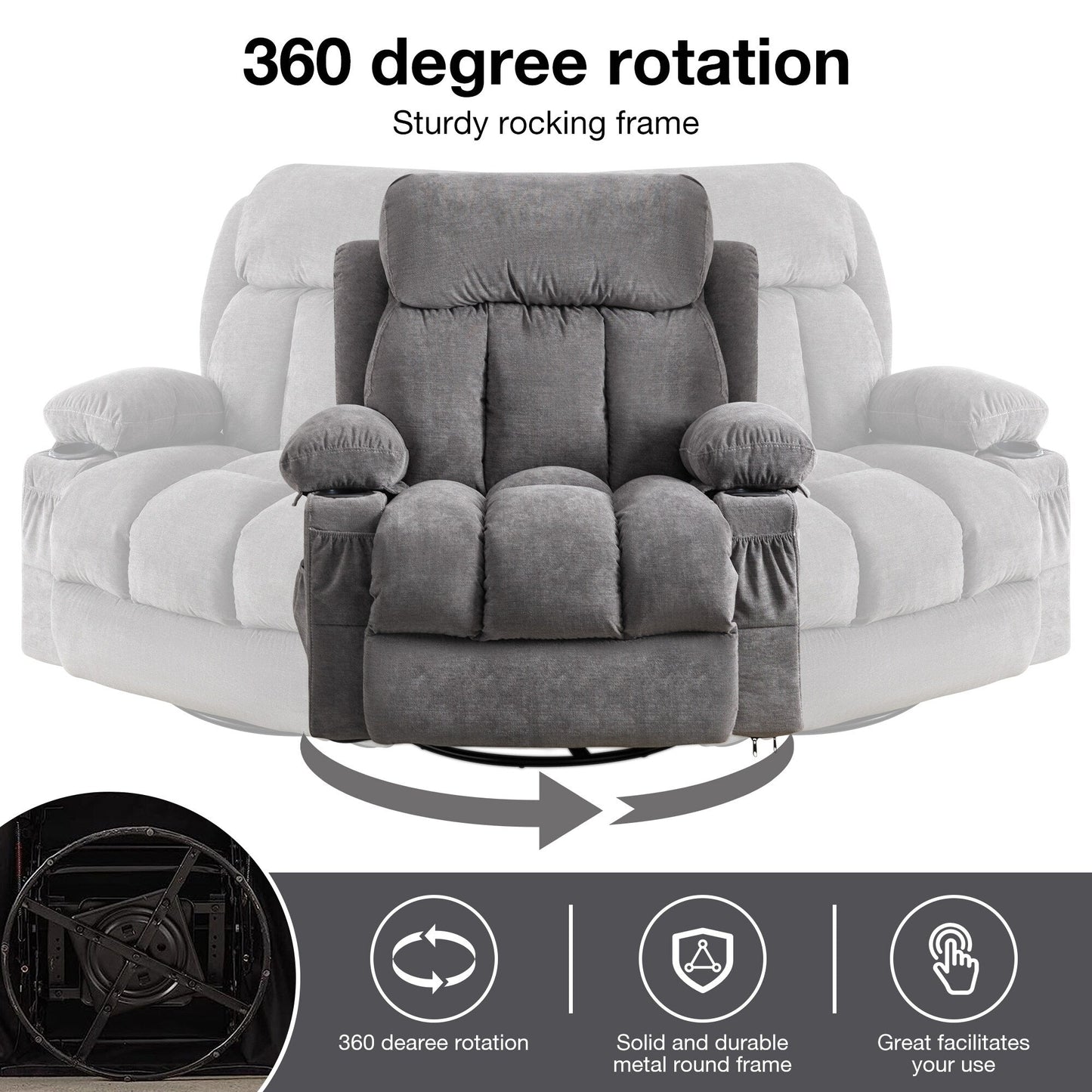 360¡ã Swivel Recliner Chair with Massage, Heat, USB, and Cup Holders