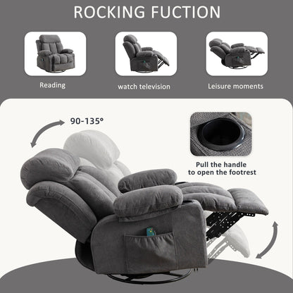 360¡ã Swivel Recliner Chair with Massage, Heat, USB, and Cup Holders