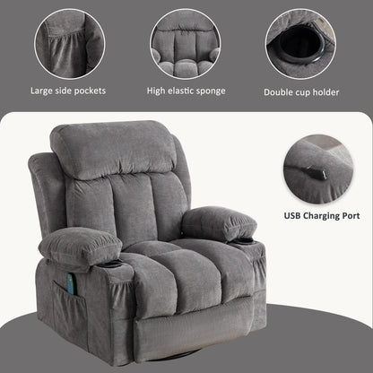 360¡ã Swivel Recliner Chair with Massage, Heat, USB, and Cup Holders
