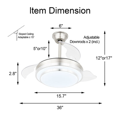Bella Depot 36 Modern Retractable Ceiling Fan with Led Light, 6-Speed Reversible Blades with Remote