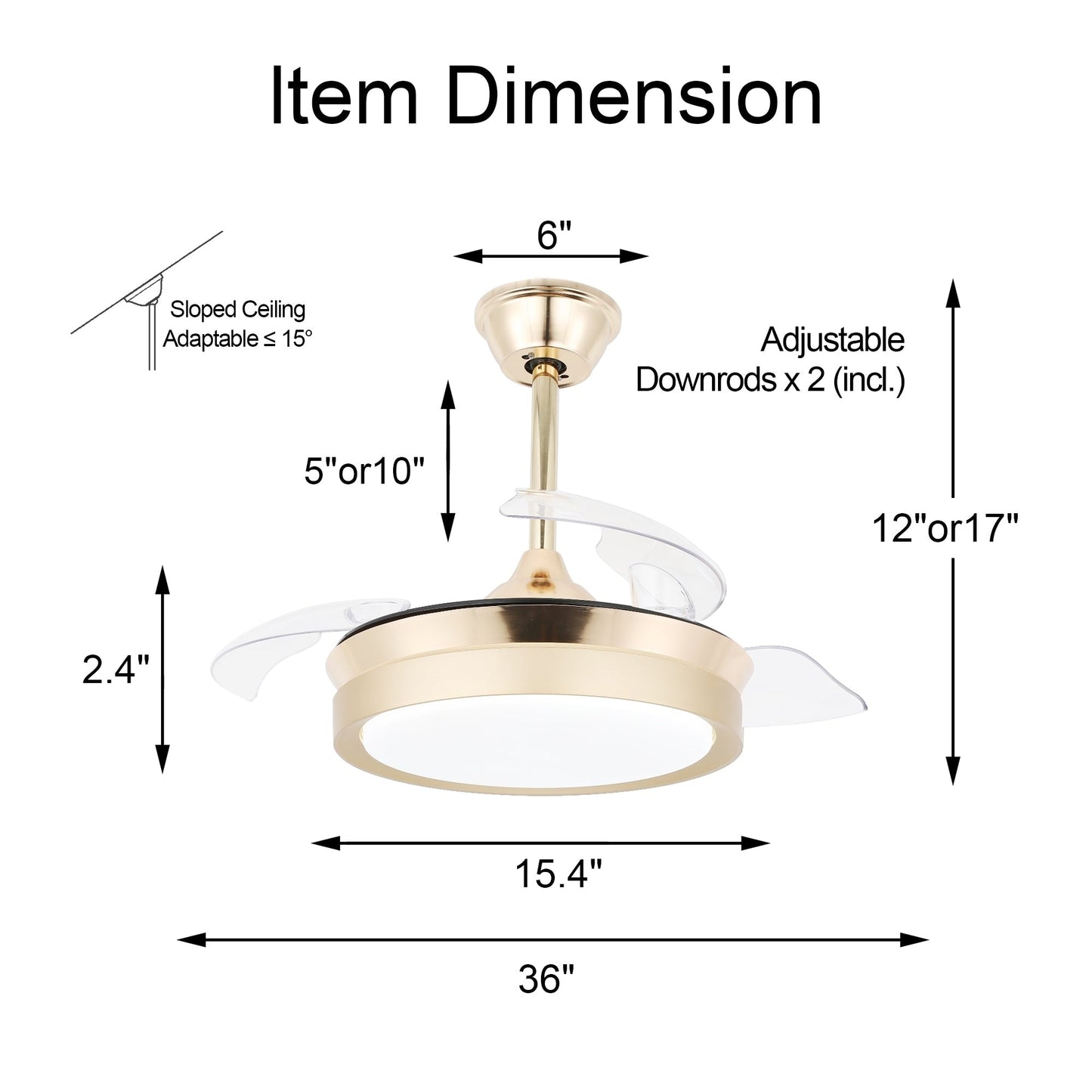 Bella Depot 36 Modern Retractable Ceiling Fan with Led Light, 6-Speed Reversible Blades with Remote