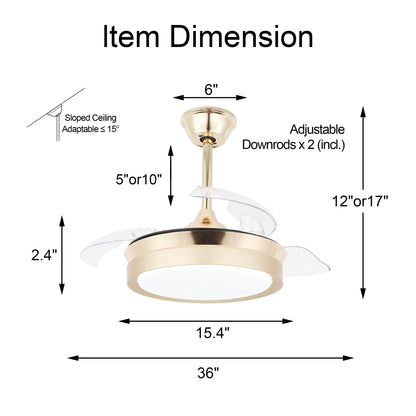 Bella Depot 36 Modern Retractable Ceiling Fan with Led Light, 6-Speed Reversible Blades with Remote