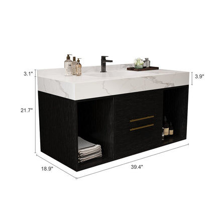 39.4 '' Floating Bathroom Vanity with Ceramic sink,Wall Hung Vanity 2 Soft Close Drawer and white slate top - 39'4 x 18'9
