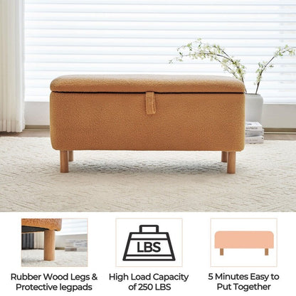 39.5 Off White Boucle Storage Ottoman Bench Sherpa Storage Bench Ottoman Foot Rest End of Bed for Living Room Bedroom,Wood Leg