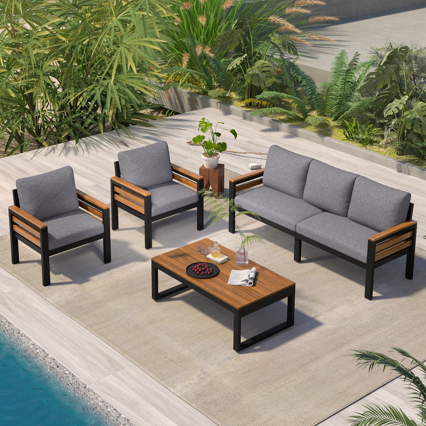 4-Piece Outdoor Sofa Set for 5 People with Removable Cushion & Solid Wood Coffee Table