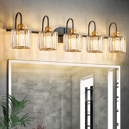 5-Light Glam Linear Dimmable Crystal Bathroom Vanity Lights with Cylinder Crystal Shade