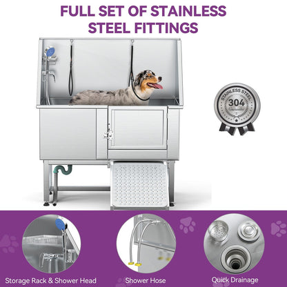 50'' W Stainless Steel Adjustable Pet Grooming Tub with Steps Ramp