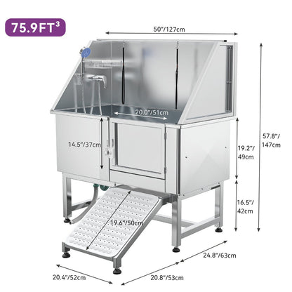 50'' W Stainless Steel Adjustable Pet Grooming Tub with Steps Ramp