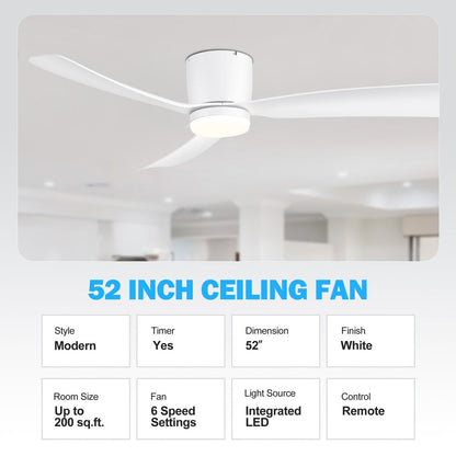 52 Inch Black/White Flush Mount LED Ceiling Fan with Lights Remote(3-Blade)
