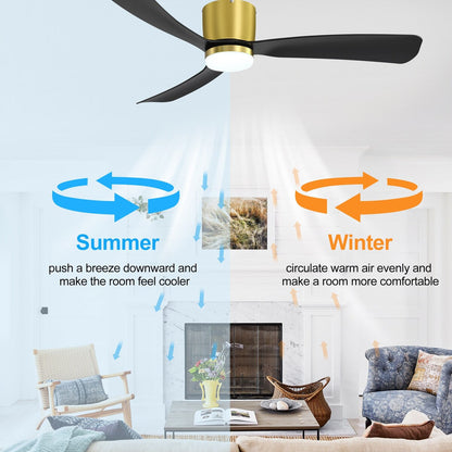 52 Inch Black/White Flush Mount LED Ceiling Fan with Lights Remote(3-Blade)