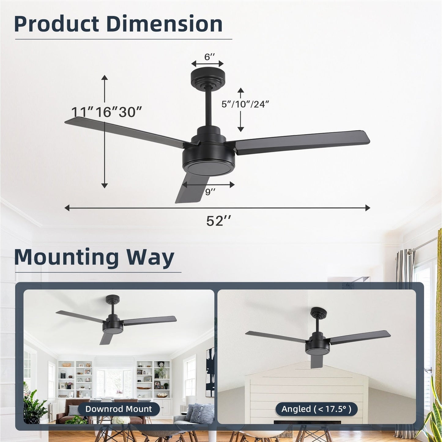 52 inch Modern Solid Wood / ABS Ceiling Fan With Remote Control(No Light),6 WInd Speed,Reversible Airflow