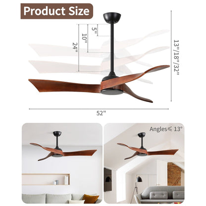52 inch Modern Solid Wood / ABS Ceiling Fan With Remote Control(No Light),6 WInd Speed,Reversible Airflow